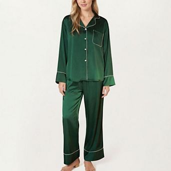 Women's 2 pc Satin Pajama Set with Button-Down Long Sleeve Top and Piped Trim Wide-Leg Pants
