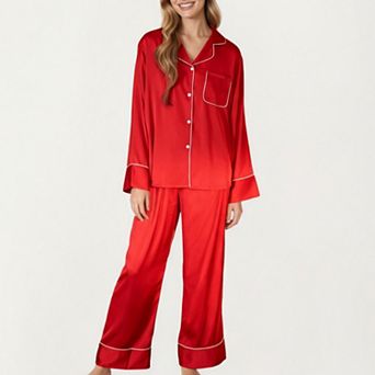 Women's 2 pc Satin Pajama Set with Button-Down Long Sleeve Top and Piped Trim Wide-Leg Pants