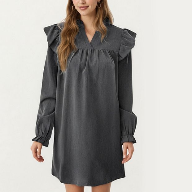 Women's Long Sleeve Ruffle Shoulder Mini Dress with V-Neckline and Relaxed  Fit