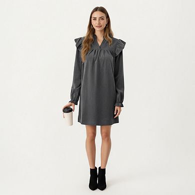 Women's Long Sleeve Ruffle Shoulder Mini Dress with V-Neckline and Relaxed Fit