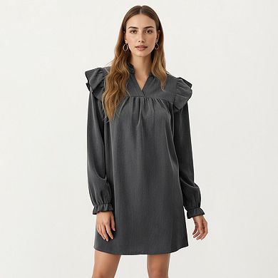 Women's Long Sleeve Ruffle Shoulder Mini Dress with V-Neckline and Relaxed Fit