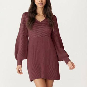 Women's Long Sleeve Knit Sweater Dress with Textured Stitch Detail and Balloon Sleeves