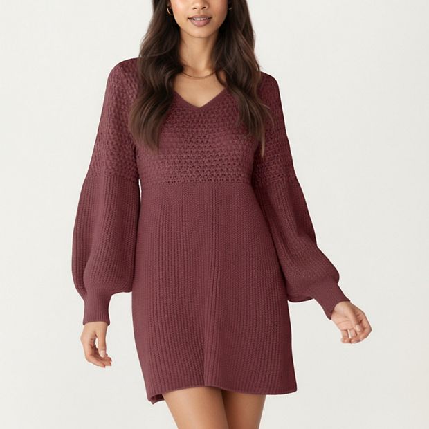 Anna-Kaci Women's Long Sleeve Knit Sweater Dress with Textured Stitch Detail and Balloon Sleeves, Large 12-14 / Rustic Red