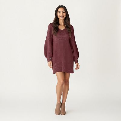 Women's Long Sleeve Knit Sweater Dress with Textured Stitch Detail
