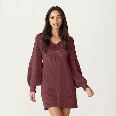balloon sleeve knit dress Anna-Kaci Women's Long Sleeve Knit Sweater Dress with Textured Stitch Detail and Balloon Sleeves, Large 12-14 / Rustic Red