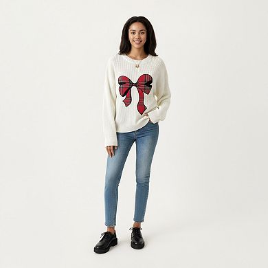 Women's Long Sleeve Knit Sweater with Plaid Bow Front Detail and Ribbed Hem