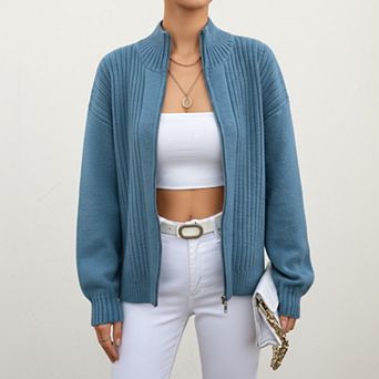 Women's Ribbed Knit Zip-Up Cardigan with High Collar and Long Sleeves