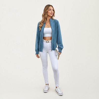 Women's Ribbed Knit Zip-Up Cardigan with High Collar and Long Sleeves