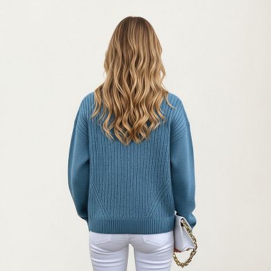 Women's Ribbed Knit Zip-Up Cardigan with High Collar and Long Sleeves