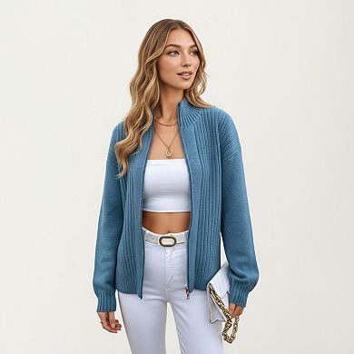 Women's Ribbed Knit Zip-Up Cardigan with High Collar and Long Sleeves