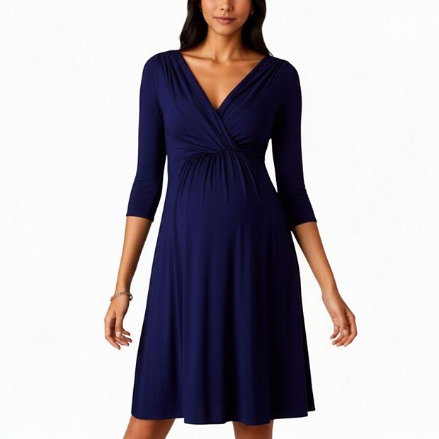 Anna-Kaci Women's 3/4 Sleeve Wrap Front Maternity Dress with Empire Waist and A-Line Silhouette - Medium 8-10 / Navy