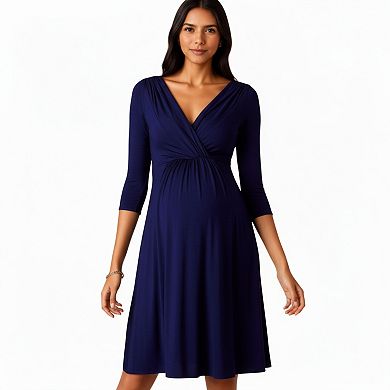 Women's 3/4 Sleeve Wrap Front Maternity Dress with Empire Waist and A-Line Silhouette