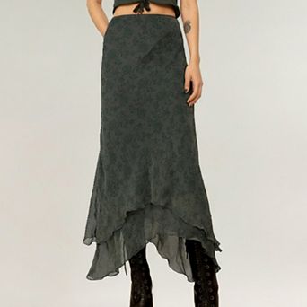 Women's High Low Asymmetrical Midi Skirt with Layered Chiffon Hem and Subtle Floral Jacquard Pattern