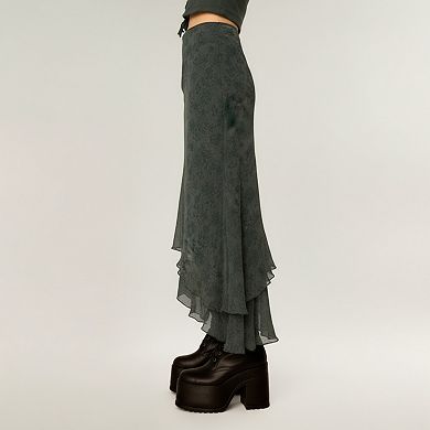 Women's High Low Asymmetrical Midi Skirt with Layered Chiffon Hem and Subtle Floral Jacquard Pattern