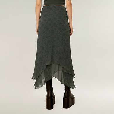 Women's High Low Asymmetrical Midi Skirt with Layered Chiffon Hem and Subtle Floral Jacquard Pattern