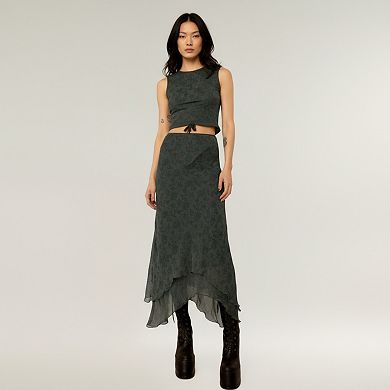 Women's High Low Asymmetrical Midi Skirt with Layered Chiffon Hem and Subtle Floral Jacquard Pattern