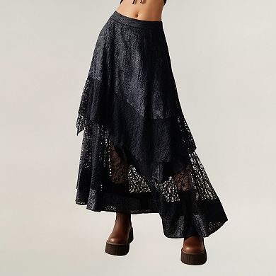 Women's Asymmetrical Tiered Lace Maxi Skirt with Sheer Layered Hem and Flowy Silhouette