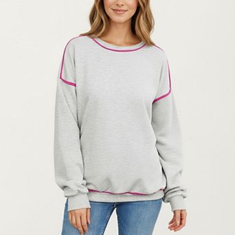 Women's Long Sleeve Pullover Sweatshirt with Contrast Piping Detail and Relaxed Fit