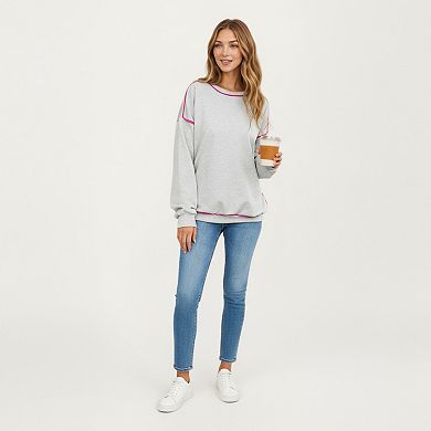 Women's Long Sleeve Pullover Sweatshirt with Contrast Piping Detail and Relaxed Fit