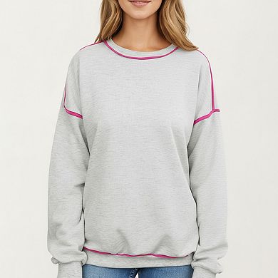 Women's Long Sleeve Pullover Sweatshirt with Contrast Piping Detail and Relaxed Fit