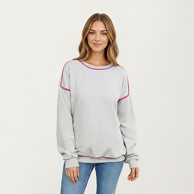 Women's Long Sleeve Pullover Sweatshirt with Contrast Piping Detail and Relaxed Fit