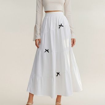 Women's Tiered Maxi Skirt with Elastic Waist and Contrast Bow Accents