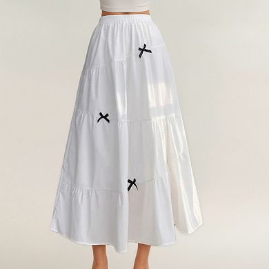 Women's Tiered Maxi Skirt with Elastic Waist and Contrast Bow Accents