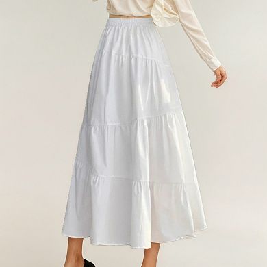 Women's Tiered Maxi Skirt with Elastic Waist and Contrast Bow Accents