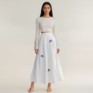 Women's Tiered Maxi Skirt with Elastic Waist and Contrast Bow Accents