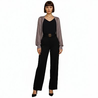 Women's Open Knit Shrug Cardigan with Long Balloon Sleeves and Ribbed Cuffs