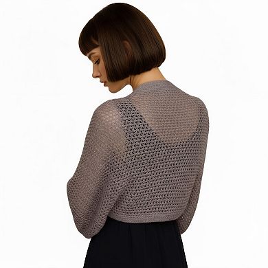 Women's Open Knit Shrug Cardigan with Long Balloon Sleeves and Ribbed Cuffs