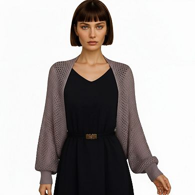 Women's Open Knit Shrug Cardigan with Long Balloon Sleeves and Ribbed Cuffs