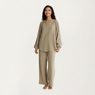 Women's 2-Piece Set Textured Long Sleeve Top with Split Neckline and Relaxed Fit Lounge Pants