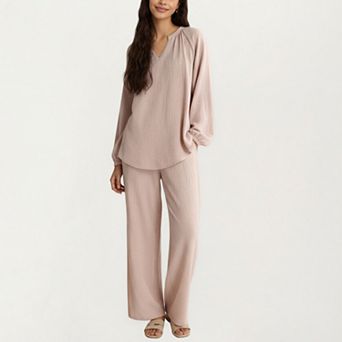 Women's 2 pc Set Textured Long Sleeve Top with Split Neckline and Relaxed Fit Lounge Pants