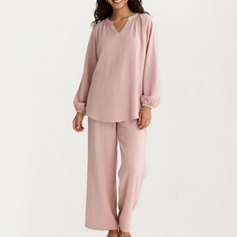 Women's 2 pc Set Textured Long Sleeve Top with Split Neckline and Relaxed Fit Lounge Pants
