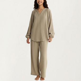 Women's 2 pc Set Textured Long Sleeve Top with Split Neckline and Relaxed Fit Lounge Pants
