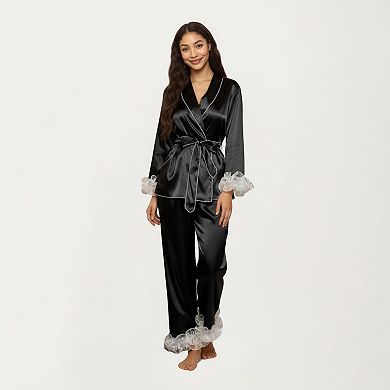 Women's 2-Piece Set Satin Wrap Top with Sheer Ruffle Trim and Matching Straight-Leg Pants
