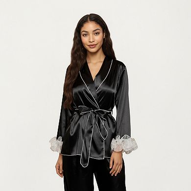 Women's 2-Piece Set Satin Wrap Top with Sheer Ruffle Trim and Matching Straight-Leg Pants