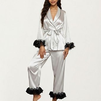 Women's 2 pc Set Satin Wrap Top with Sheer Ruffle Trim and Matching Straight-Leg Pants