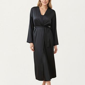 Women's Long Satin Wrap Robe with Tie Waist and Relaxed Draped Sleeves