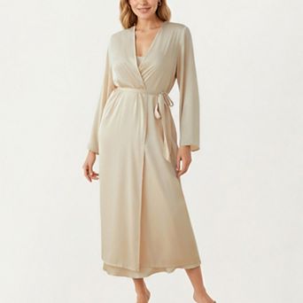 Women's Long Satin Wrap Robe with Tie Waist and Relaxed Draped Sleeves