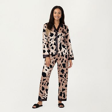Women's 2-Piece Satin Pajama Set with Animal Print Button-Up Top and Straight-Leg Pants