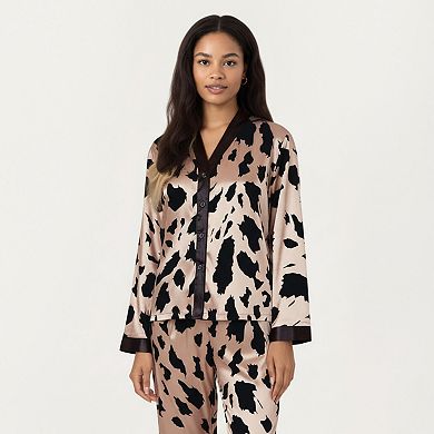 Women's 2-Piece Satin Pajama Set with Animal Print Button-Up Top and Straight-Leg Pants