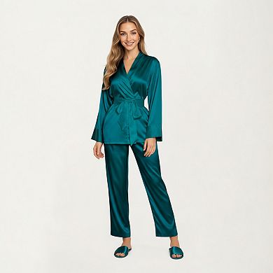 Women's 2-Piece Set Satin Wrap Top with Tie Waist and Matching Straight-Leg Pants
