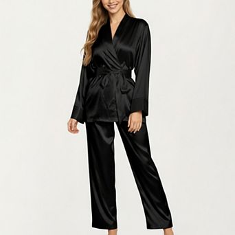 Women's 2 pc Set Satin Wrap Top with Tie Waist and Matching Straight-Leg Pants