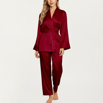 Women's 2 pc Set Satin Wrap Top with Tie Waist and Matching Straight-Leg Pants