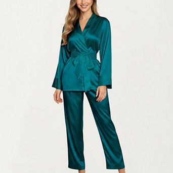 Women's 2 pc Set Satin Wrap Top with Tie Waist and Matching Straight-Leg Pants