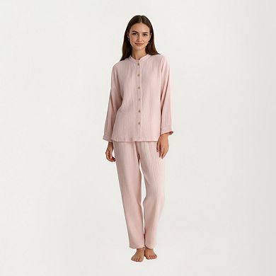 Women's 2-Piece Set Button-Up Textured Top with Balloon Sleeves and Relaxed Fit Pants