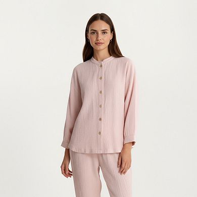 Women's 2-Piece Set Button-Up Textured Top with Balloon Sleeves and Relaxed Fit Pants