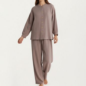Women's 2 pc Set Button-Up Textured Top with Balloon Sleeves and Relaxed Fit Pants